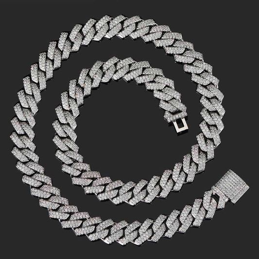 CARÁTIX 14mm 2-Row Prong Cuban Link Chain Necklace – Cubic Zirconia Iced Out Hip Hop Bling Jewelry for Men | White Miami Style - CaratixJewelry