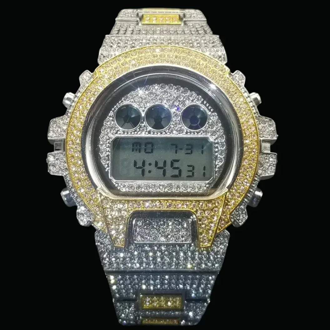 Digital LED Waterproof Chronograph Iced Out Watch – Luxury Hip Hop Timepiece - CaratixJewelry
