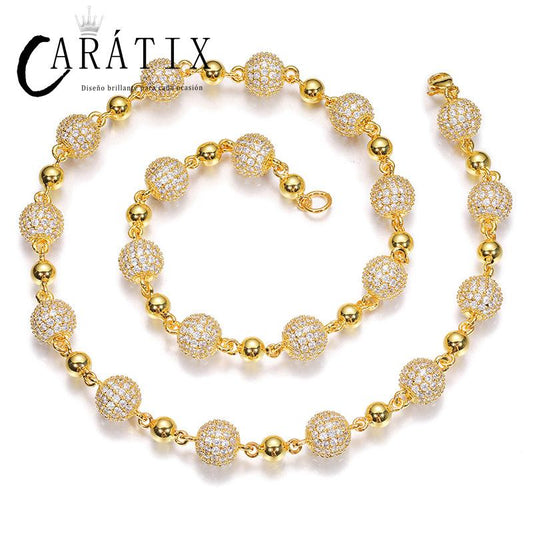 CARÁTIX – 10mm Beads Link Chain Necklace | Iced Out CZ Bling Hip Hop Jewelry for Men & Women, Rapper Street Style