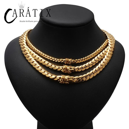 CARÁTIX Golden Hip Hop Cuban Link Tank Chain Necklace – Iced Out Jewelry for Men & Women