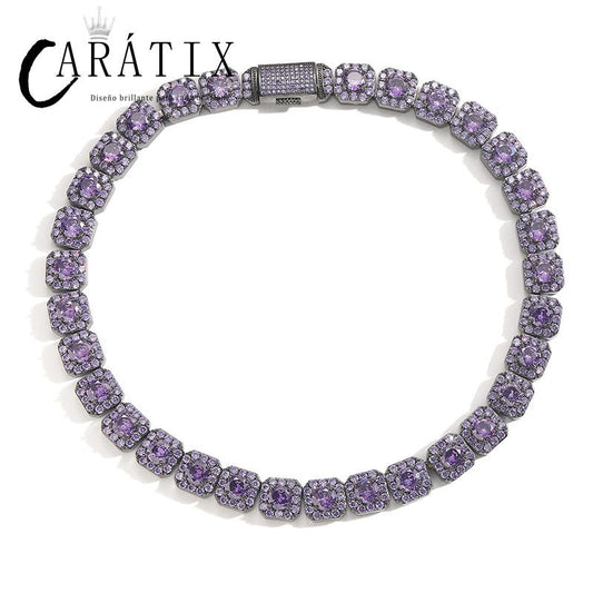CARÁTIX - Hip Hop Purple CZ Stone Bling Iced Out 12MM Square Zirconia Tennis Link Chain Bracelet Necklace for Men Rapper Jewlery Black Valentine's Day Gift for Men & Girls & Boys Mothers' Day Gift #Springtok