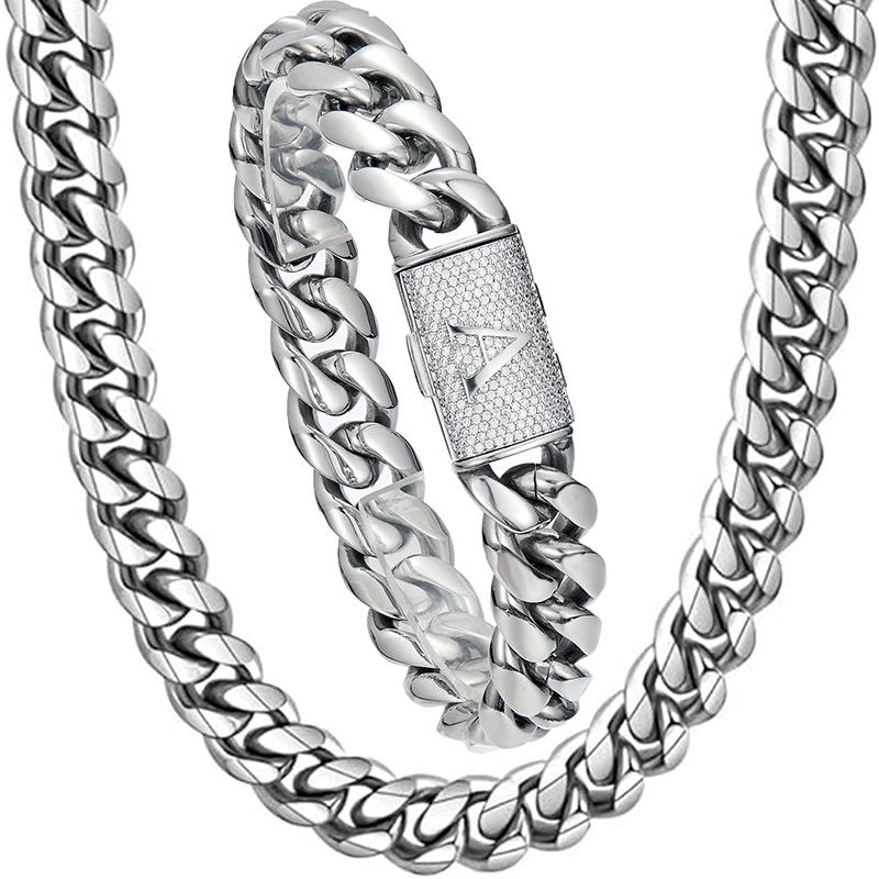 CARÁTIX - Hip Hop Bling Iced Out Letters Button Stainless Steel 14mm Round Cuban Miami Link Chain Necklace for Men Rapper Jewelry Black Valentine's Day Gift for Men & Girls & Boys Mothers' Day Gift #Springtok