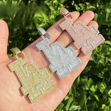 Iced Out Spliced "LA" Letter Pendant | Unisex Real Copper CZ Necklace - CaratixJewelry