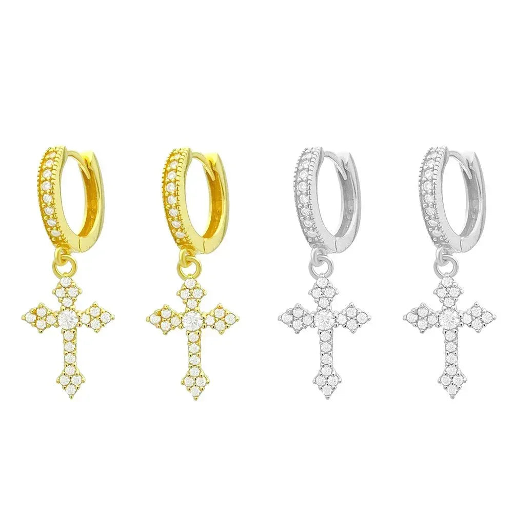 S925 Silver Cross Design Moissanite Hoop Stud Earrings Unisex - CaratixJewelry
