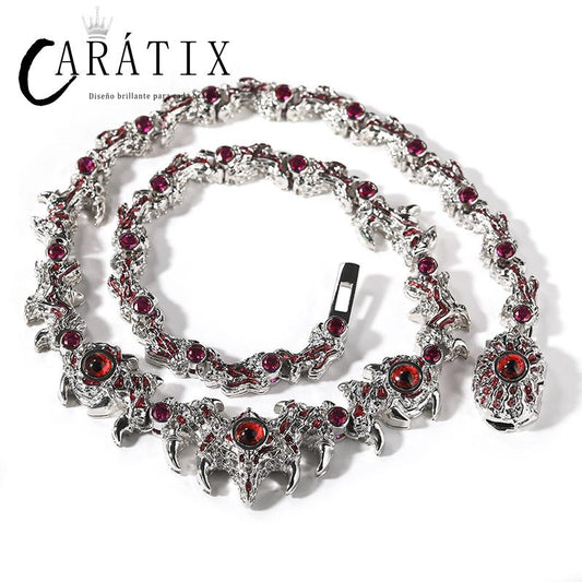 CARÁTIX Red Stone Eyes Thorns Link Chain Necklace – 5A+ CZ Iced Out Hip Hop Bling Jewelry for Men & Women | Rapper Gift