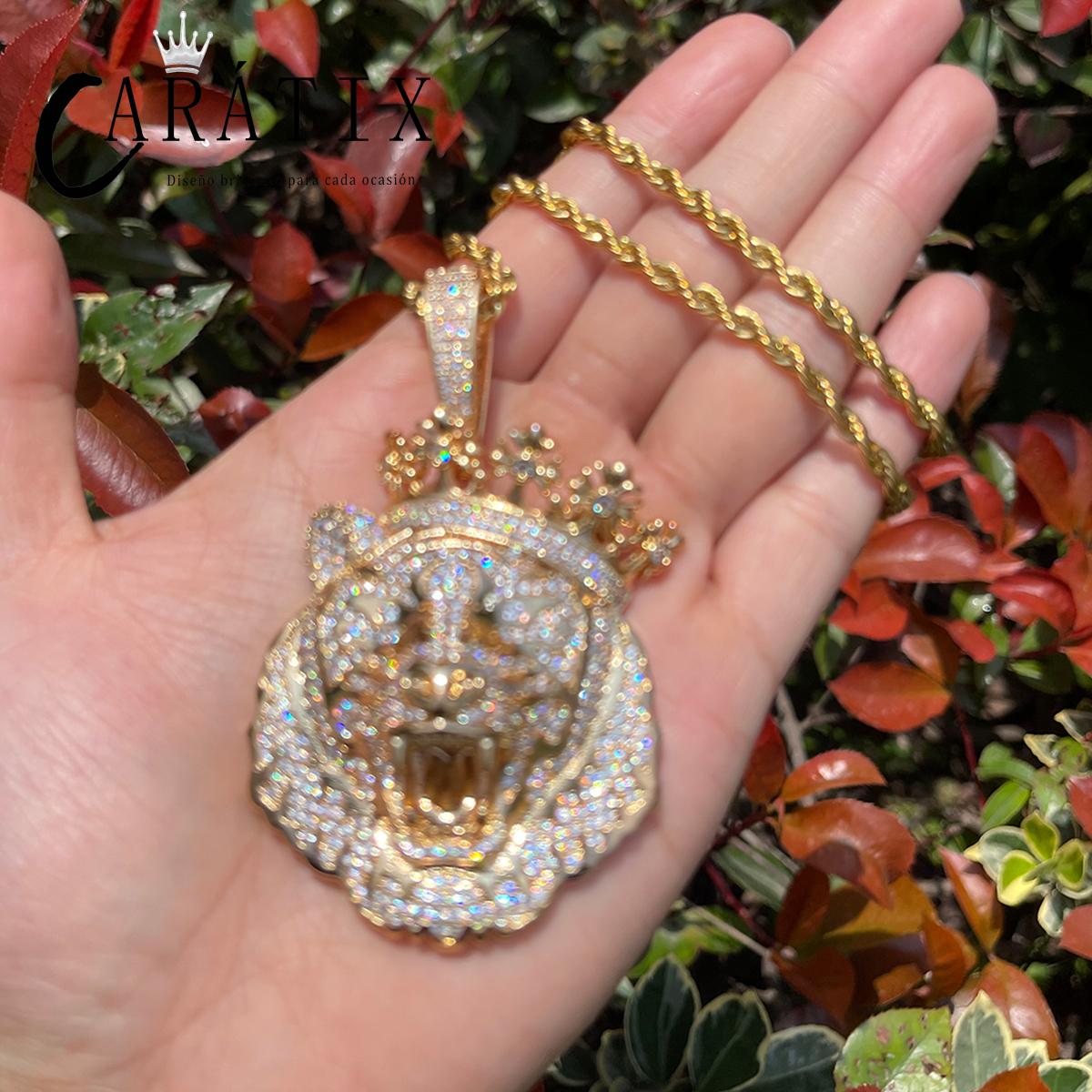 CARÁTIX -Lion Crown Necklace for Men Iced Out Prong Setting Pendant Chain Double Color Hip Hop Jewelry Valentine's Day Gift for Men & Girls & Boys Mothers' Day Gift #Springtok