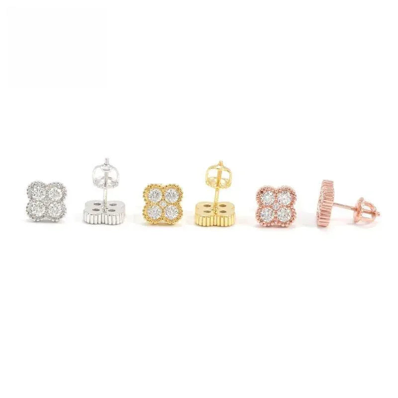 S925 Silver Four Leaf Moissanite Hip Hop Stud Earrings Unisex - CaratixJewelry