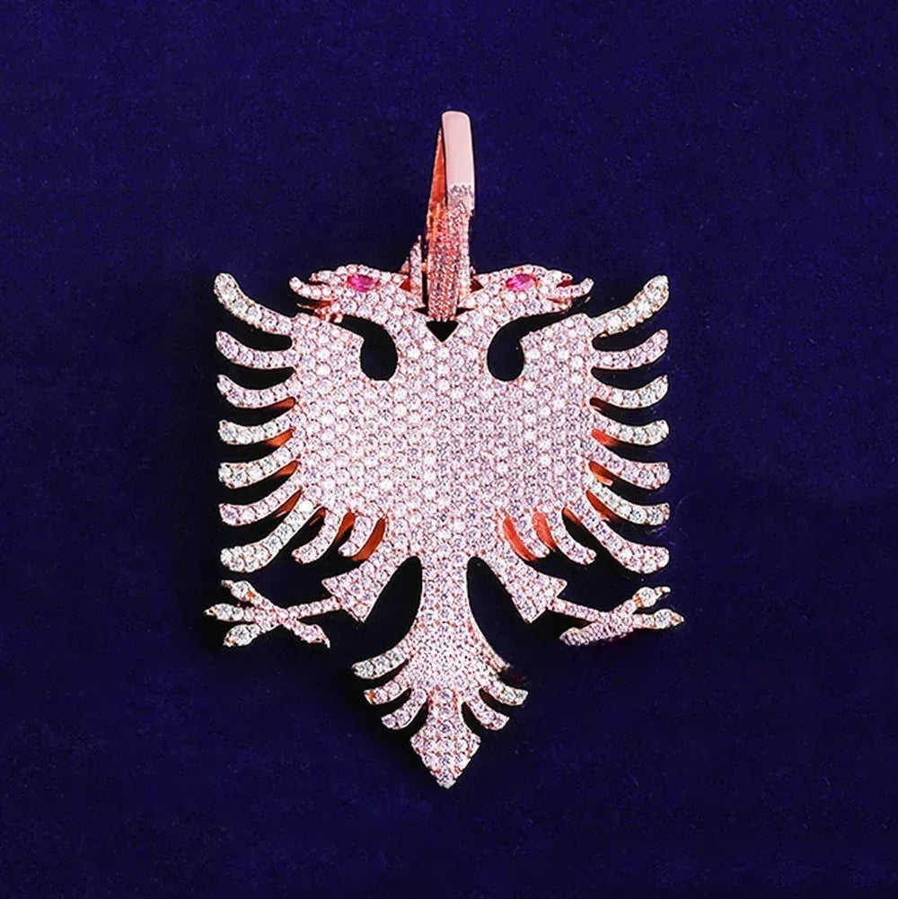 Iced Out Albanian Double-Headed Eagle Pendant | Men's Real Copper CZ Necklace - CaratixJewelry