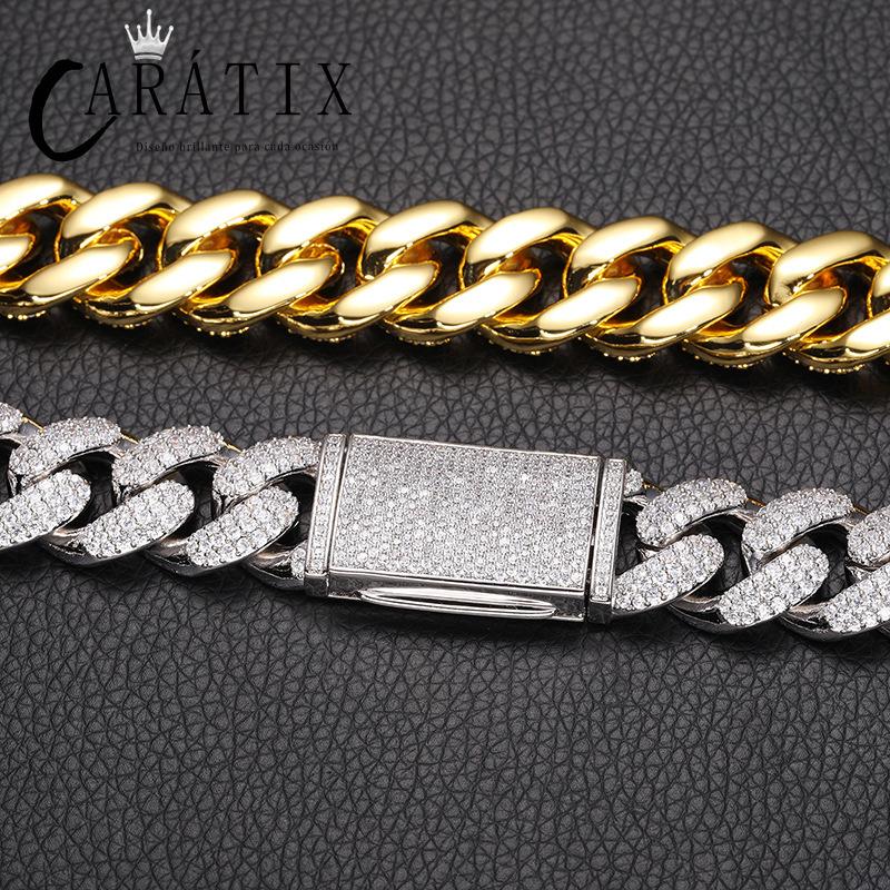 CARÁTIX 18mm Iced Out Cuban Link Chain Necklace – 3 Row CZ Rhombus Hip Hop Bling Jewelry for Men | Rapper Gift