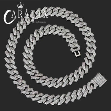 CARÁTIX 14mm 2-Row Prong Cuban Link Chain Necklace – Cubic Zirconia Iced Out Hip Hop Bling Jewelry for Men | White Miami Style