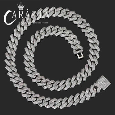 CARÁTIX 14mm 2-Row Prong Cuban Link Chain Necklace – Cubic Zirconia Iced Out Hip Hop Bling Jewelry for Men | White Miami Style - CaratixJewelry