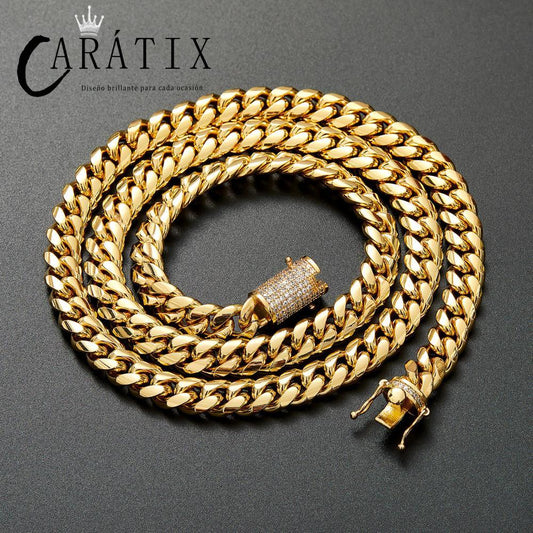 CARÁTIX 10MM Stainless Steel Miami Cuban Chain Necklace – Hip Hop Iced Out Jewelry with CZ Zircon for Men & Women