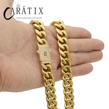 CARÁTIX Golden Stainless Steel Cuban Chain | CZ Box Lock Iced Out Hip Hop Necklace for Men