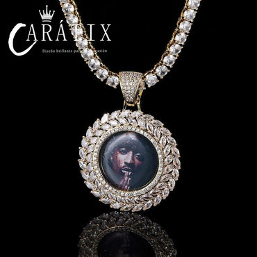 Personalized Wheat Circle Photo Pendant Necklace - Custom Hip Hop Iced Out Copper Zircon Picture Frame Jewelry for Men & Women - Memorial Gift - CaratixJewelry