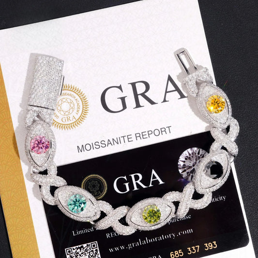Iced-Out Eye Design Moissanite Cuban Link Bracelet – 925 Sterling Silver Hip Hop Men’s Streetwear Jewelry - CaratixJewelry