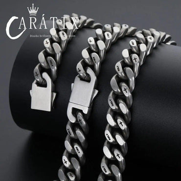 CARÁTIX - 13mm Thick Cuban Link Men Necklace with Corss Matte Black Logo Chain Hip Hop Stainless Steel Necklace Bracelet for Man Valentine's Day Gift for Men & Girls & Boys Mothers' Day Gift #Springtok