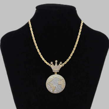 Globe World Crown Bail Iced Out Pendant Necklace – Custom Hip Hop Jewelry for Men - CaratixJewelry