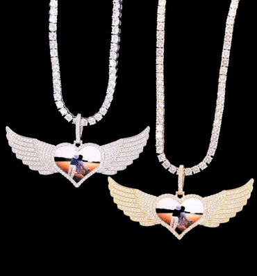 Long Wings Heart Custom Photo Pendant Necklace – Personalized Iced Out Picture Jewelry for Men and Women - CaratixJewelry