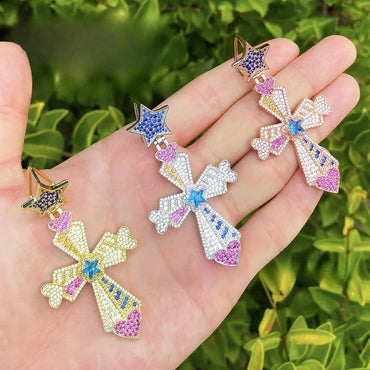 Iced Out Star-Link Cross Pendant | Men's Multicolor Rainbow CZ Necklace - CaratixJewelry