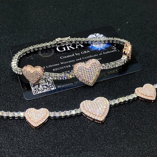 3mm Bi-Tone Heart Moissanite Tennis Chain | S925 Silver Iced Out Bracelet | Caratix