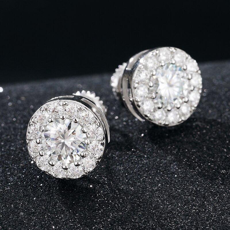 Round Lab Sterling Silver Flooded Ice Boss Life Hip Hop Earrings - CaratixJewelry