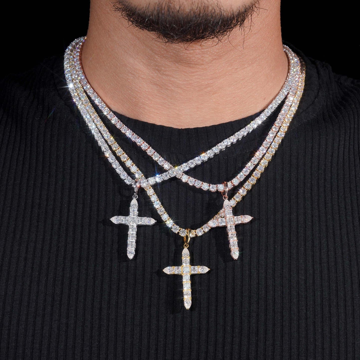925 Silver Moissanite Hip-Hop Necklace – Ascher Cut Cross Pendant, Unique Hiphop Jewelry - CaratixJewelry