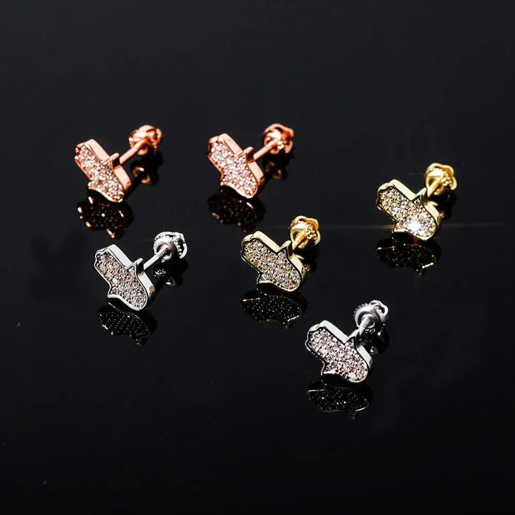925 Sterling Silver Rose Gold Hamsa Hand Bling Earrings - CaratixJewelry