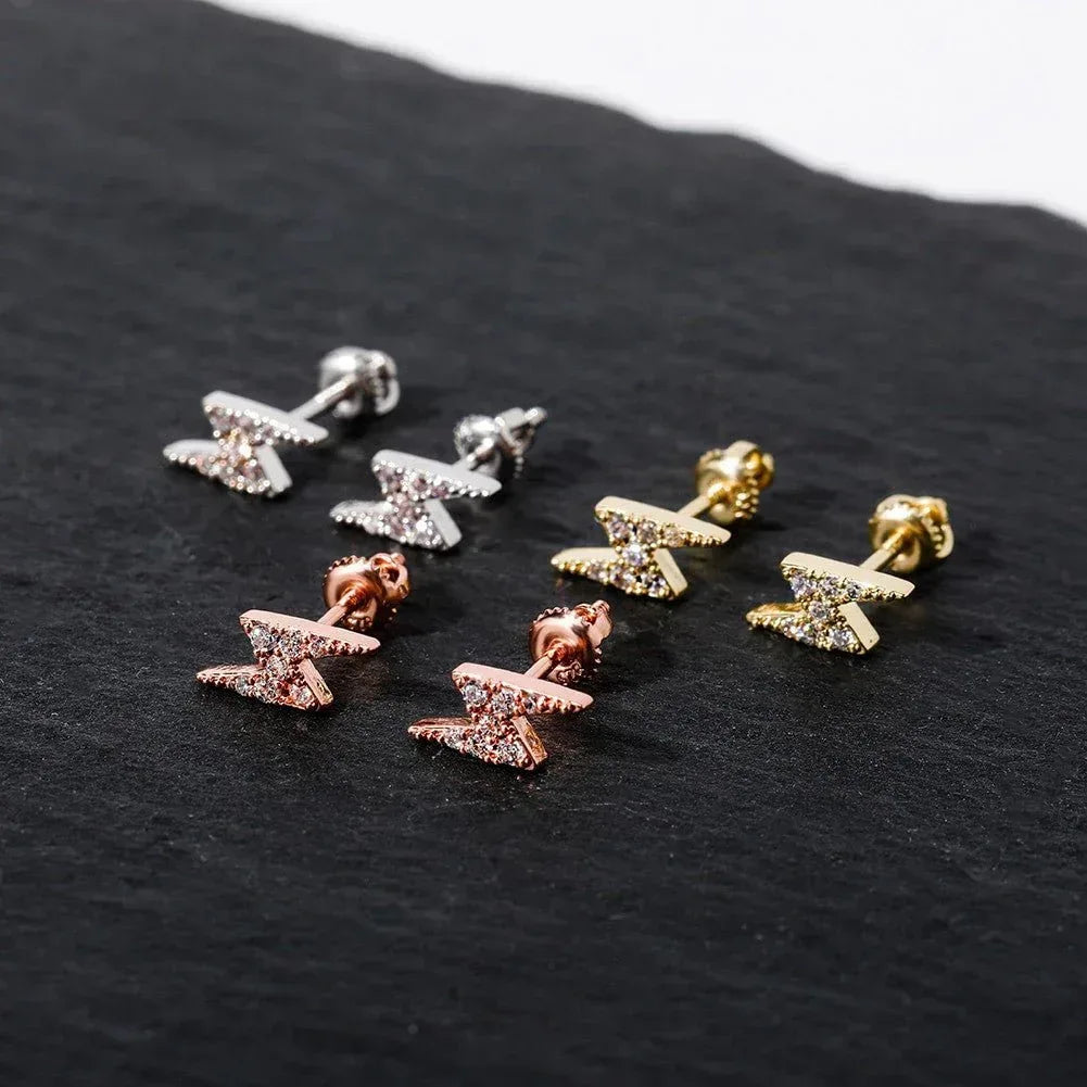 925 Sterling Silver Rose Gold Lightning Bolt Bling Earrings - CaratixJewelry