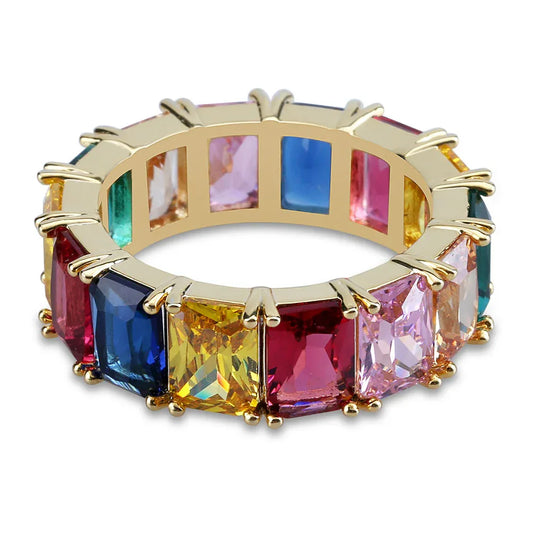 Rainbow Square Zirconia Hip Hop Ring | Multi-Color Iced Out Band | Caratix