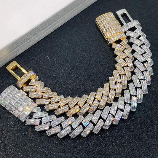 18mm Triple Row Moissanite Cuban Link Chain | Baguette & Round Cut Mix | Caratix