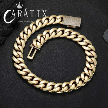 CARÁTIX 12mm/22mm Lock Miami Cuban Link Chain Necklace – 5A CZ Iced Out Hip Hop Bling Jewelry for Men | Brass Thick Design - CaratixJewelry