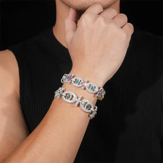 Colored Moissanite Eye & Cross Bracelet – S925 Sterling Silver Iced-Out Hip Hop Streetwear Jewelry - CaratixJewelry