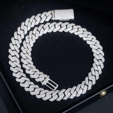 14mm Triple-Row Moissanite Cuban Link Necklace | S925 Silver Iced Out Chain - CaratixJewelry