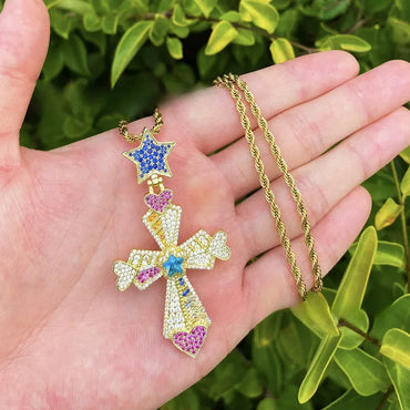 Iced Out Star-Link Cross Pendant | Men's Multicolor Rainbow CZ Necklace - CaratixJewelry