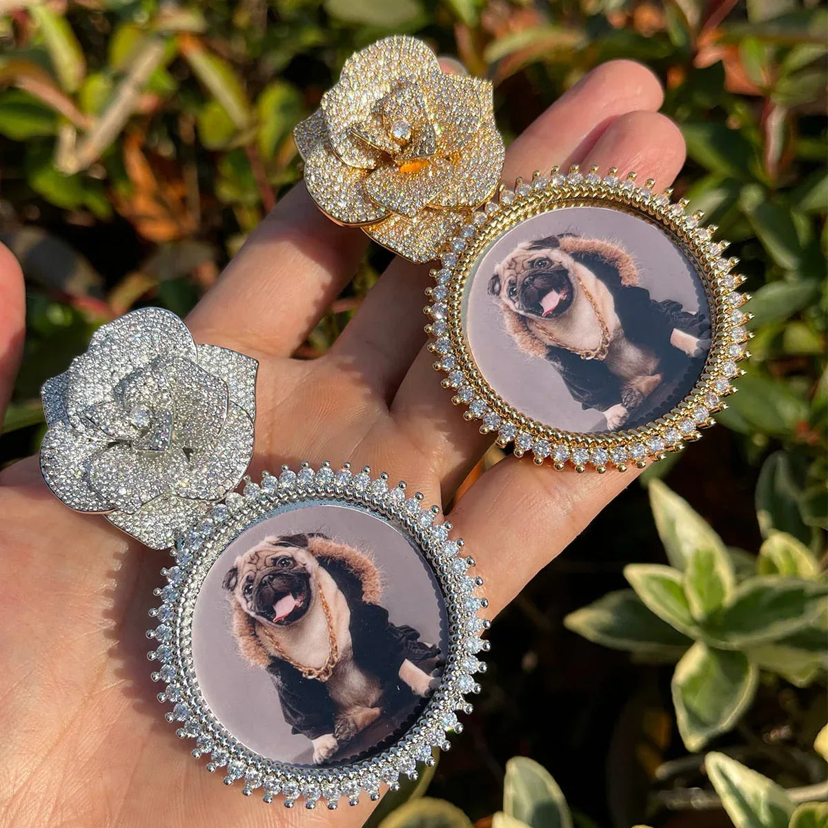 Rose Flower Bail Round Tennis Custom Photo Picture Pendant Necklace - Personalized Jewelry - CaratixJewelry