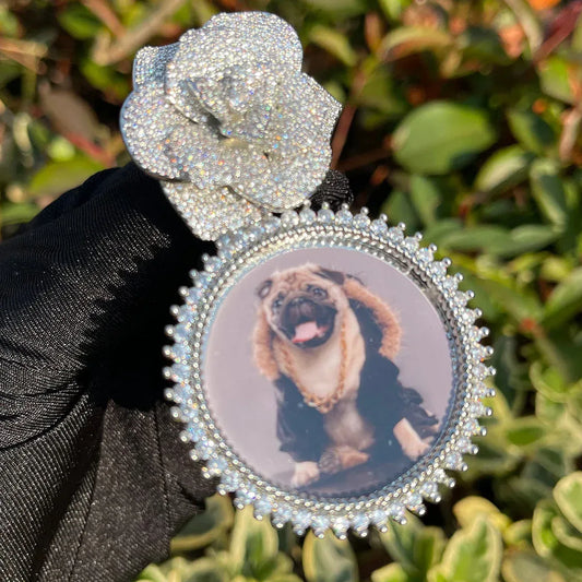 Rose Flower Bail Round Tennis Custom Photo Picture Pendant Necklace - Personalized Jewelry - CaratixJewelry