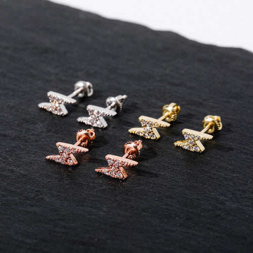 925 Sterling Silver Rose Gold Lightning Bolt Bling Earrings | Prong Set Stones