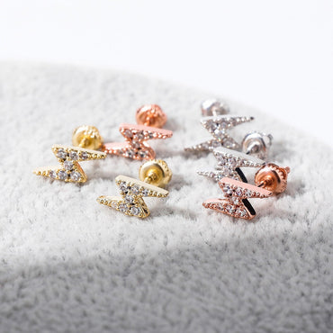 925 Sterling Silver Rose Gold Lightning Bolt Bling Earrings | Prong Set Stones