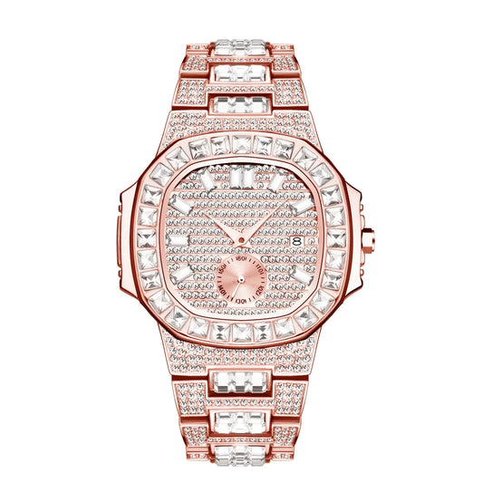 Luxury Big Men's Watch | Rose Gold Iced Out Watch | Crystal Rhinestone Analog Japan Quartz Wristwatch | Fashion Male Clock | Caratix - CaratixJewelry