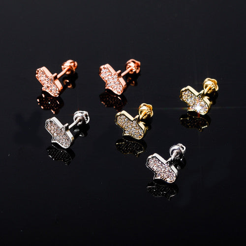 925 Sterling Silver Rose Gold Hamsa Hand Bling Earrings | Prong Set Stones