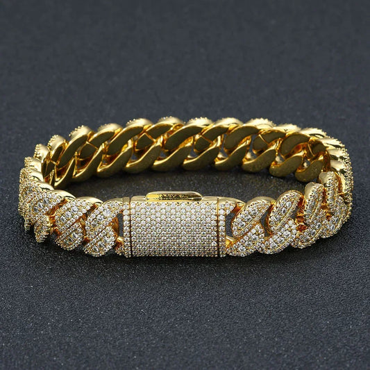 14mm Iced-Out Cuban Link Bracelet with Zircon and Flip Clasp - CaratixJewelry