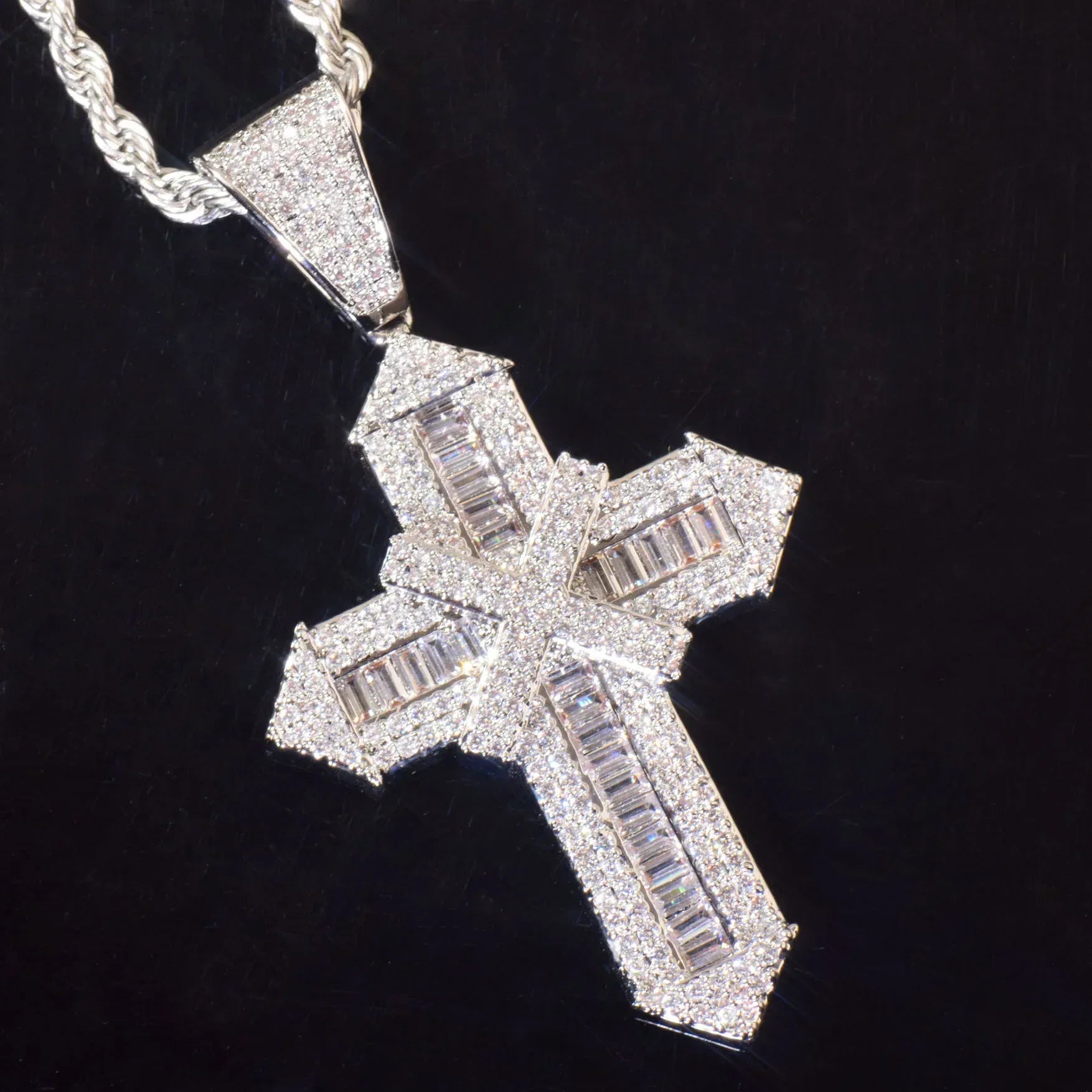 Iced Out Cross Pendant Necklace – Step-Cut Mixed Stone - CaratixJewelry