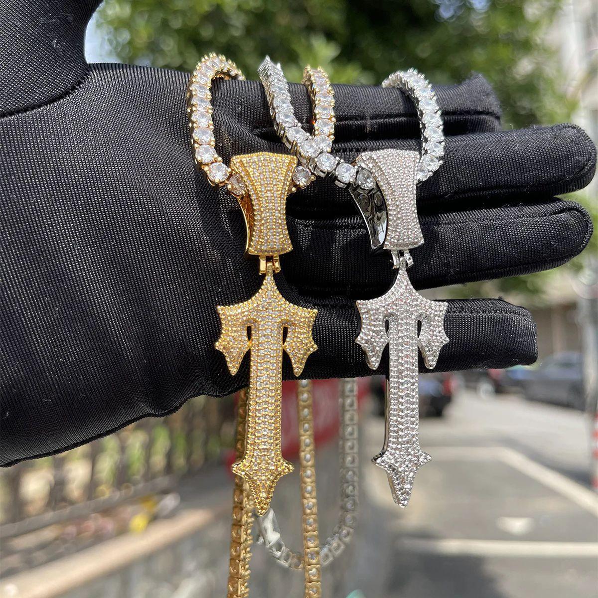 Iced Out Sword Cross Pendant | Men's T-Shape Dagger Necklace | Premium Copper CZ Weapon Jewelry | Holy Warrior Bling | Caratix - CaratixJewelry