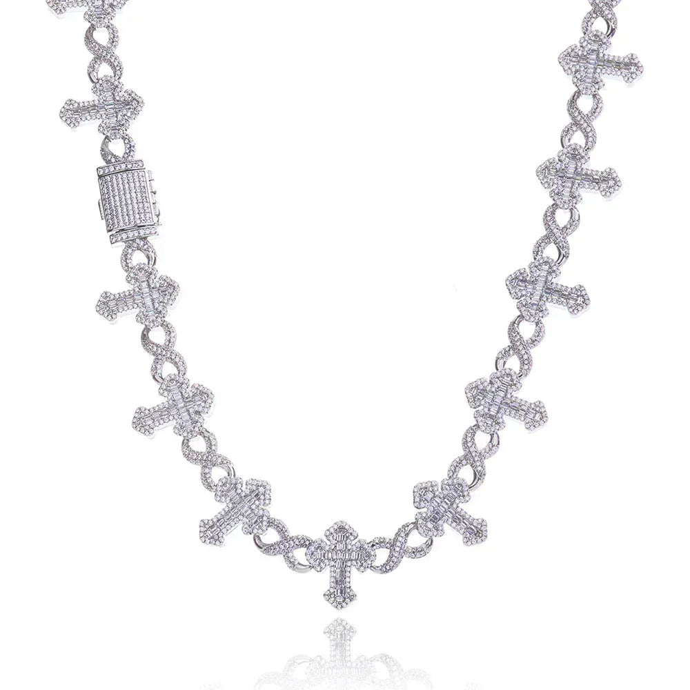 Custom 15mm Mixed Baguette Cross Necklace | Infinity 8-Link Rapper Iced Out Chain | Caratix - CaratixJewelry