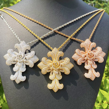 Exaggerated Floral Iced Out Cross Pendant | Luxury Men's Real Copper CZ Necklace - CaratixJewelry