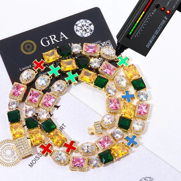 10mm Colorful Gemstone Moissanite Cross Necklace for Men – S925 Sterling Silver Luxury Hip Hop Jewelry - CaratixJewelry