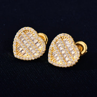 Step Cut Heart Shaped Stud Earrings with Zircon | Creative & Trendy Hip Hop Jewelry | Caratix Jewelry - CaratixJewelry