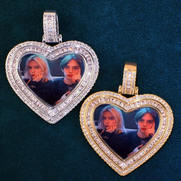 Heart Photo T-Bar Pendant | Iced Out CZ DIY Custom Picture Hip Hop Couple Necklace - CaratixJewelry