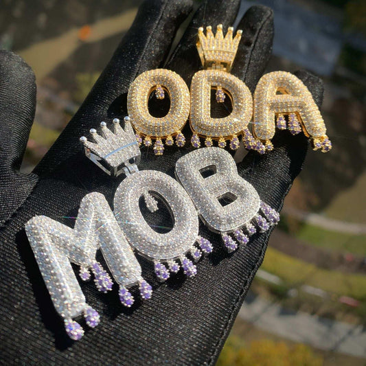 Crown & Teardrop Letter Pendant | Iced Out CZ Hip Hop DIY Custom Men’s Necklace - CaratixJewelry