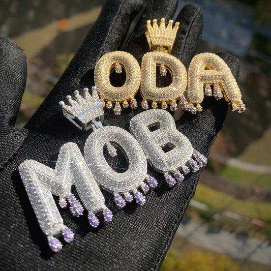 Crown & Teardrop Letter Pendant | Iced Out CZ Hip Hop DIY Custom Men’s Necklace - CaratixJewelry